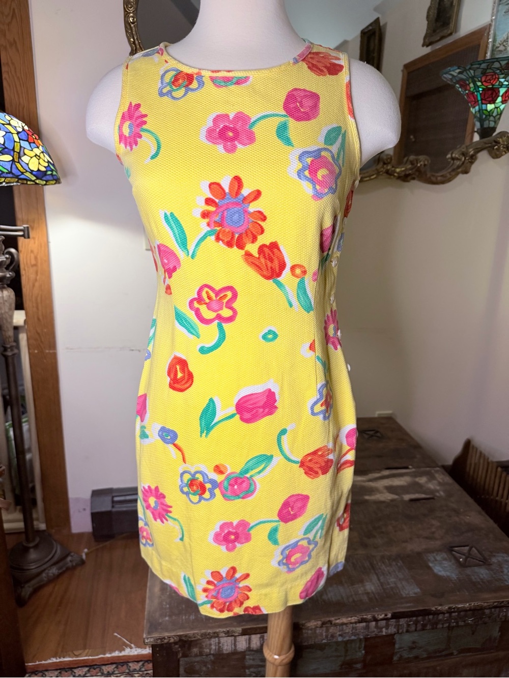 Vintage Ruff Hewn Cotton Yellow Floral Sleeveless Shift Dress